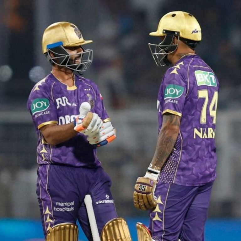 IPL का पहला मैच KKR Vs RCB:रहाणे 200 से ज्यादा के स्ट्राइक रेट से रन बना रहे, नरेन के साथ फिफ्टी पार्टनरशिप