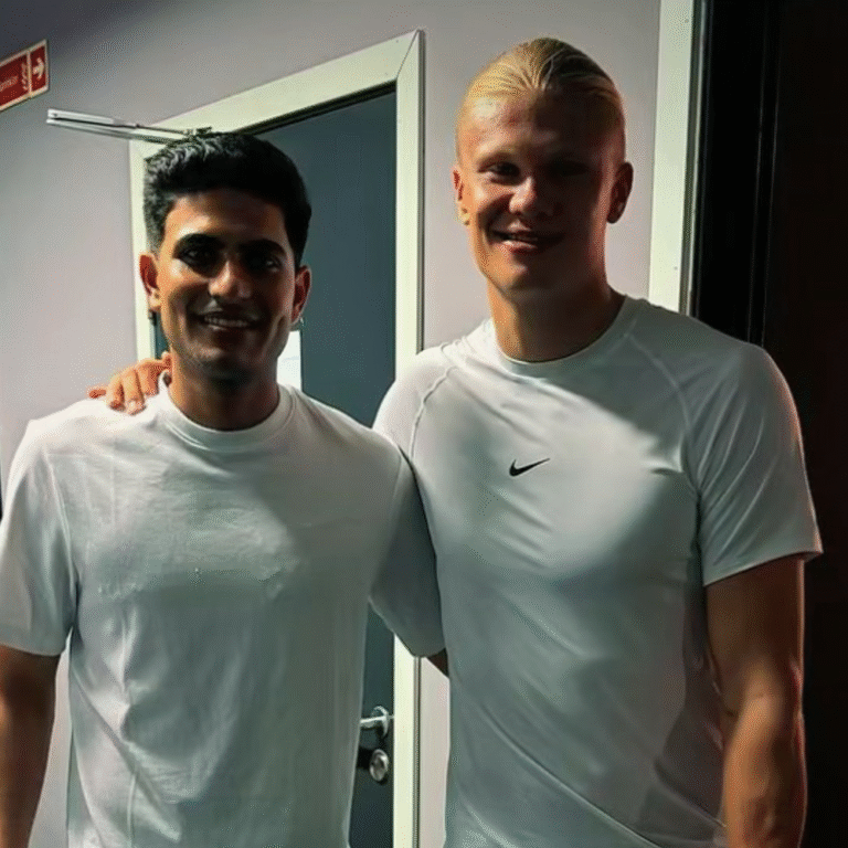 भारतीय कप्तान गिल नार्वे के फुटबॉलर हालैंड से मिले:शुभमन ने जर्सी गिफ्ट की; एर्लिंग ने साइन किए हुए जूते दिए