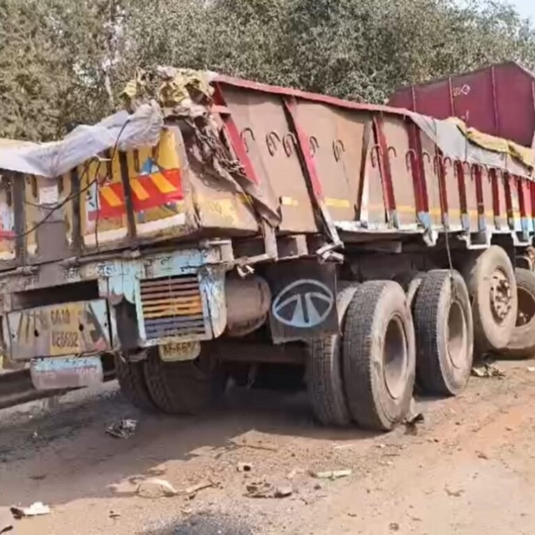 तेज-रफ्तार ट्रक ने पुल पर खड़े ट्रक को टक्कर मारी:जोरदार टक्कर में पहिया निकला बाहर, खाना खा रहा ड्राइवर बाल-बाल बचा